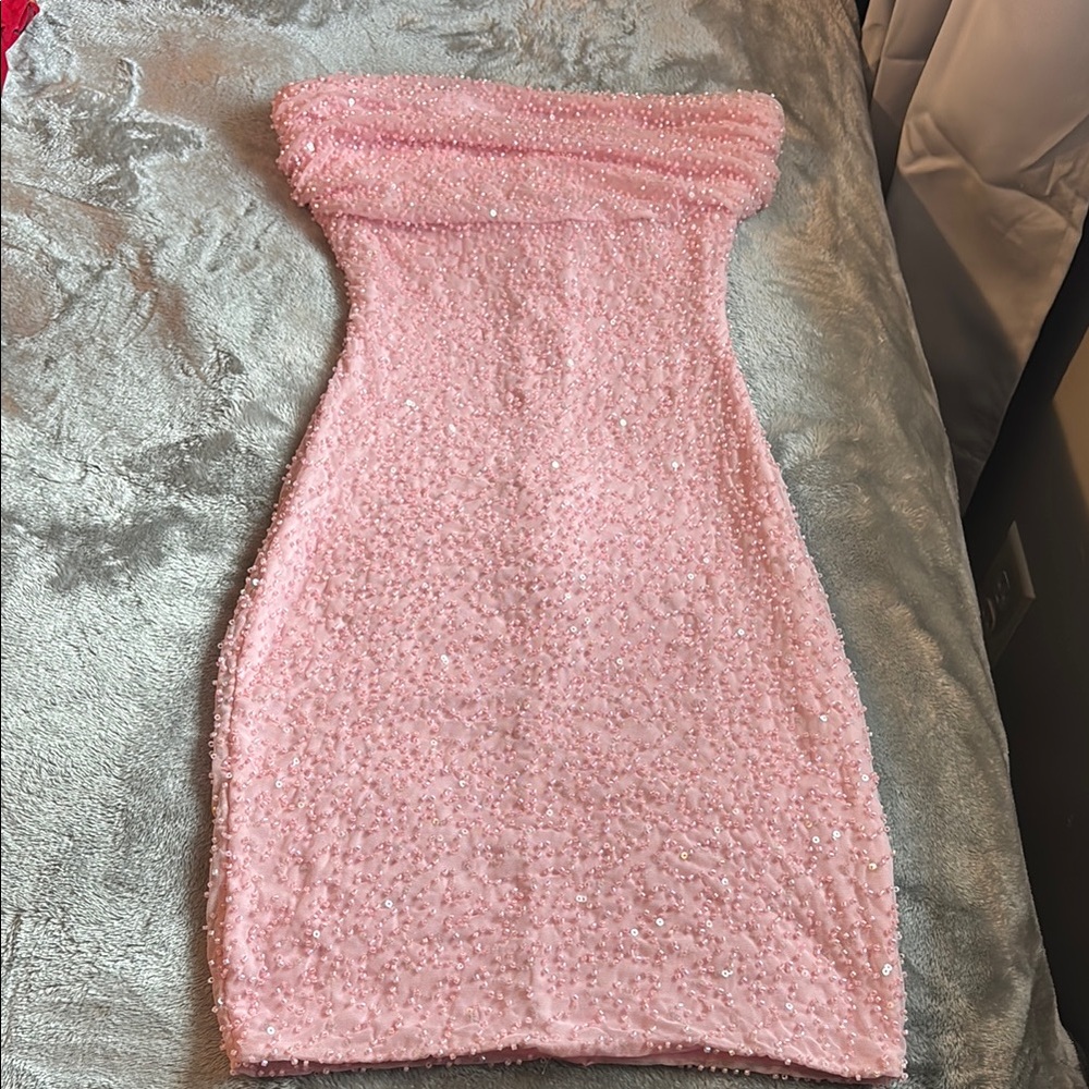 Elegant Pink Beaded Strapless Dress